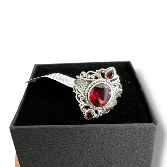 Natural Garnet 3-Stone Sterling Silver Artisan Ornate Statement Ring Size 8 - Picture 10 of 12
